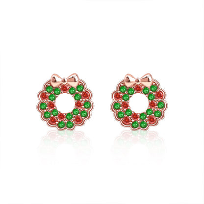 925 Sterling Silver Christmas Wreath Stud Earrings Rose Gold Plated Holiday Jewelry Gift Set for Women