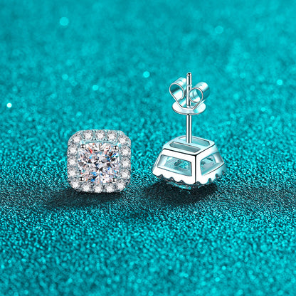 925 Sterling Silver Chunky Square Moissanite Stud Earrings - PT950 Gold Plated (1CT/2CT Options)