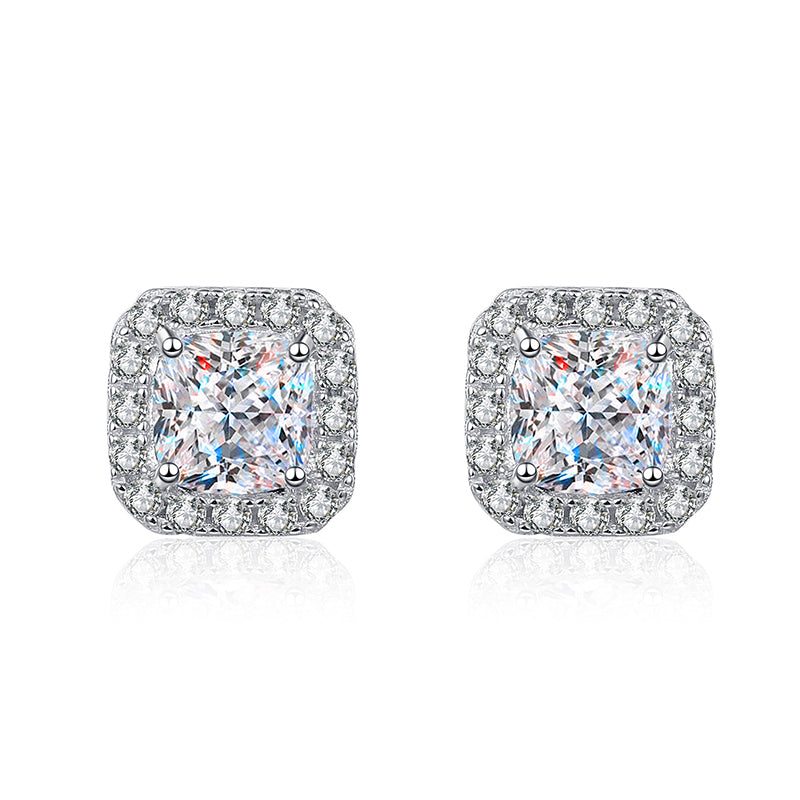 925 Sterling Silver Chunky Square Moissanite Stud Earrings - PT950 Gold Plated (1CT/2CT Options)