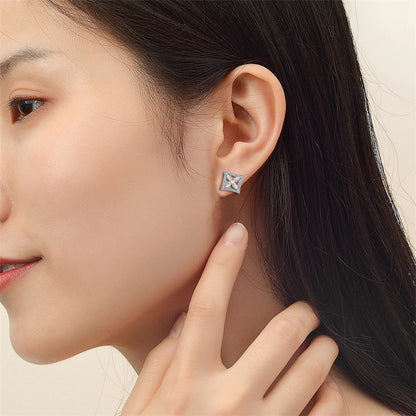 925 Sterling Silver Clover Marquise Earrings for Women Elegant Square Zircon Studs White Gold Plated
