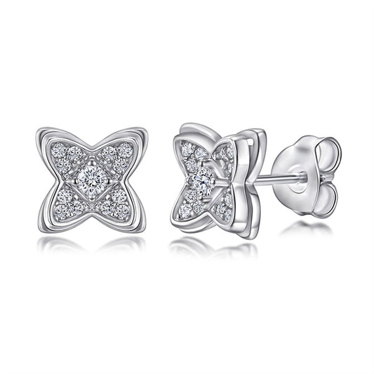 925 Sterling Silver Clover Windmill Earrings for Women Double Layer Rose Gold Plated Zircon Stud Earrings
