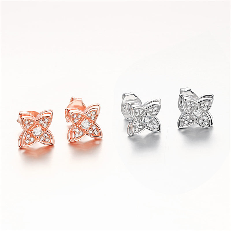 925 Sterling Silver Clover Windmill Earrings for Women Double Layer Rose Gold Plated Zircon Stud Earrings
