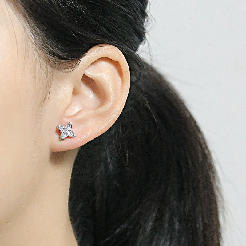 925 Sterling Silver Clover Windmill Earrings for Women Double Layer Rose Gold Plated Zircon Stud Earrings