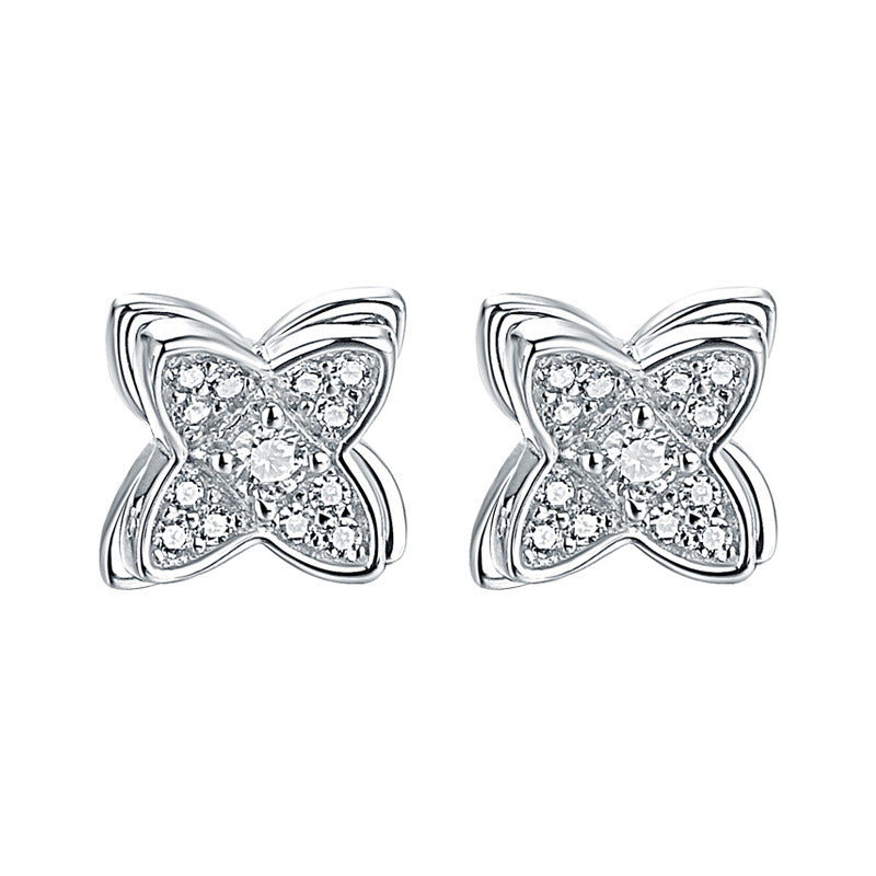925 Sterling Silver Clover Windmill Earrings for Women Double Layer Rose Gold Plated Zircon Stud Earrings