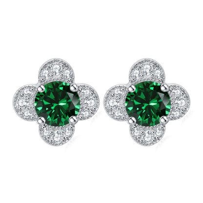 925 Sterling Silver Clover & Plum Blossom Stud Earrings – Dainty Birthstone Floral Collection