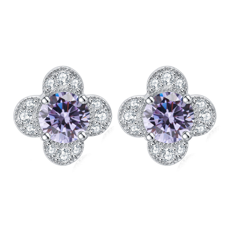 925 Sterling Silver Clover & Plum Blossom Stud Earrings – Dainty Birthstone Floral Collection