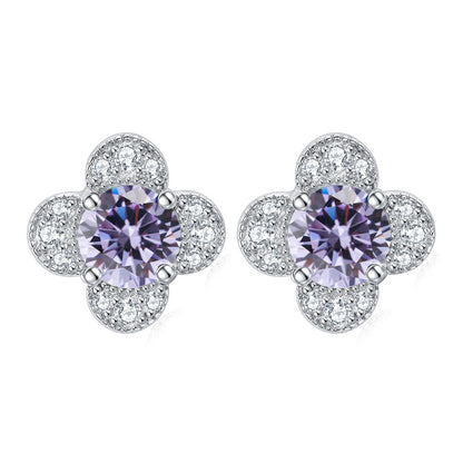 925 Sterling Silver Clover & Plum Blossom Stud Earrings – Dainty Birthstone Floral Collection