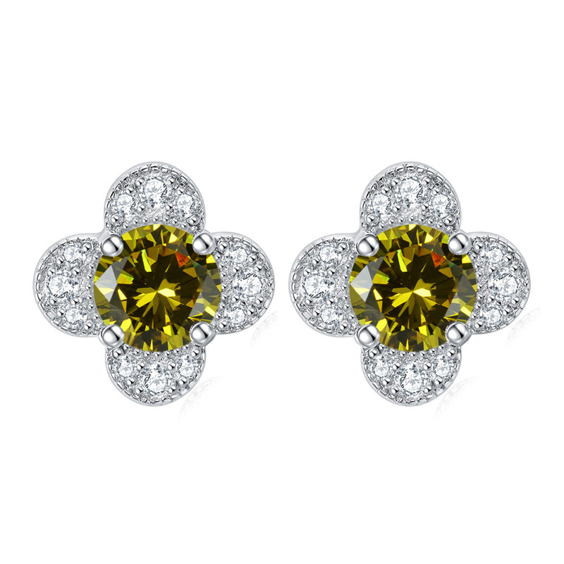 925 Sterling Silver Clover & Plum Blossom Stud Earrings – Dainty Birthstone Floral Collection