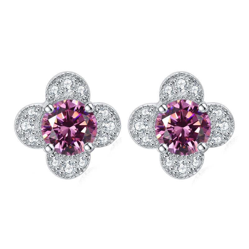 925 Sterling Silver Clover & Plum Blossom Stud Earrings – Dainty Birthstone Floral Collection