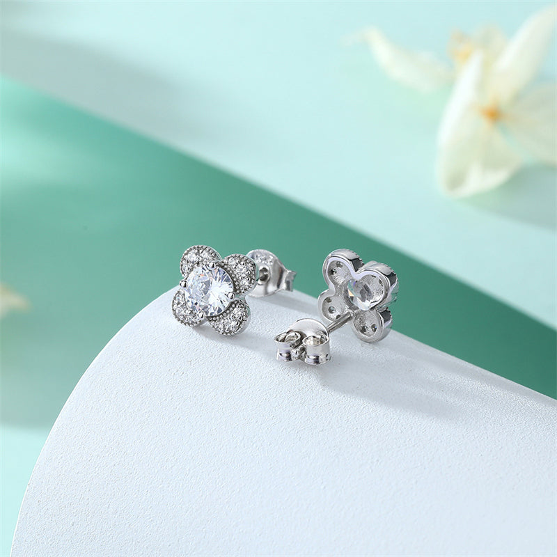 925 Sterling Silver Clover & Plum Blossom Stud Earrings – Dainty Birthstone Floral Collection