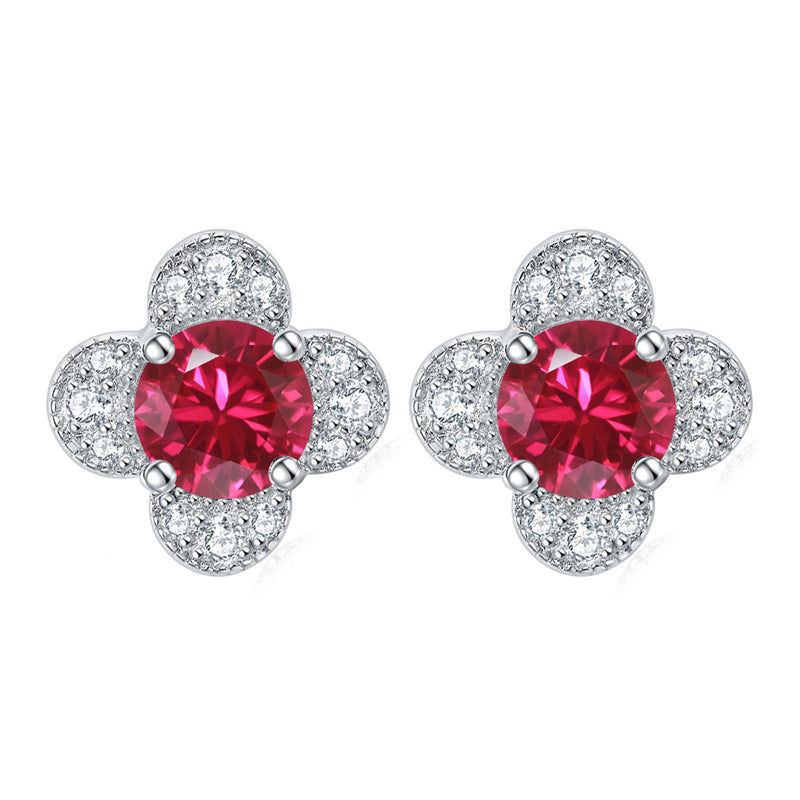 925 Sterling Silver Clover & Plum Blossom Stud Earrings – Dainty Birthstone Floral Collection