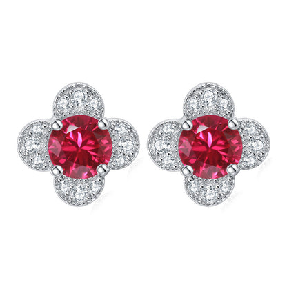 925 Sterling Silver Clover & Plum Blossom Stud Earrings – Dainty Birthstone Floral Collection