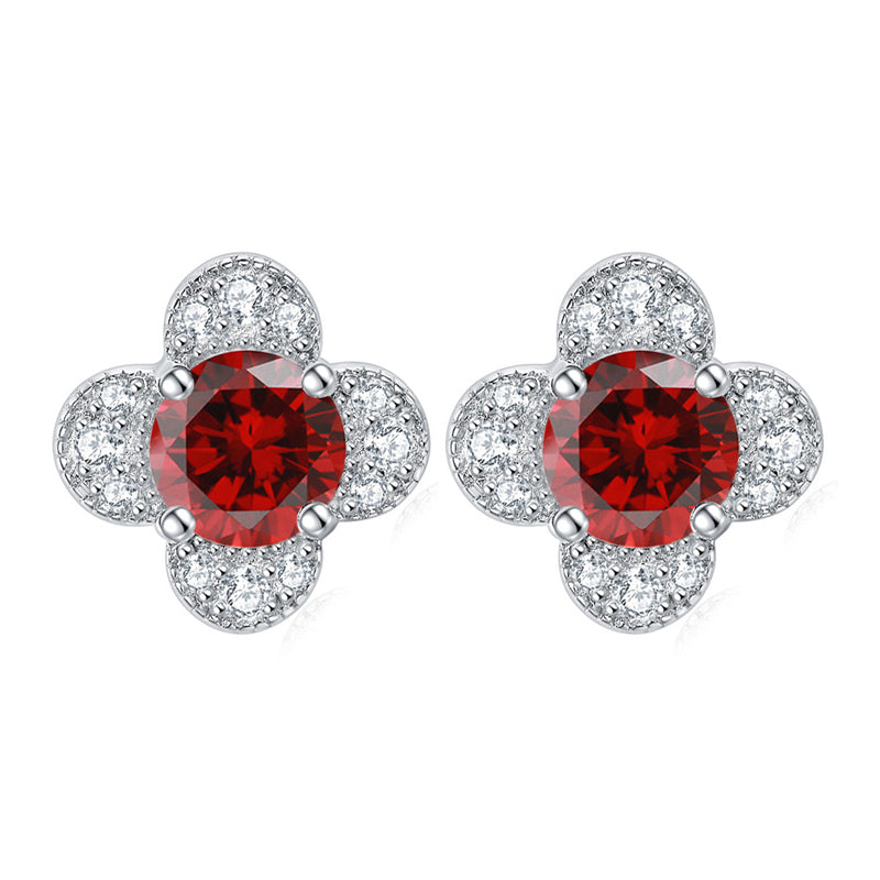 925 Sterling Silver Clover & Plum Blossom Stud Earrings – Dainty Birthstone Floral Collection