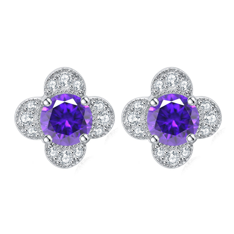 925 Sterling Silver Clover & Plum Blossom Stud Earrings – Dainty Birthstone Floral Collection