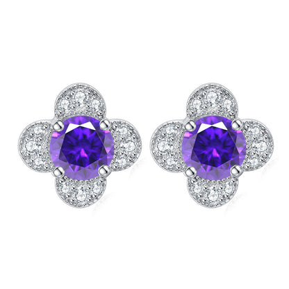 925 Sterling Silver Clover & Plum Blossom Stud Earrings – Dainty Birthstone Floral Collection