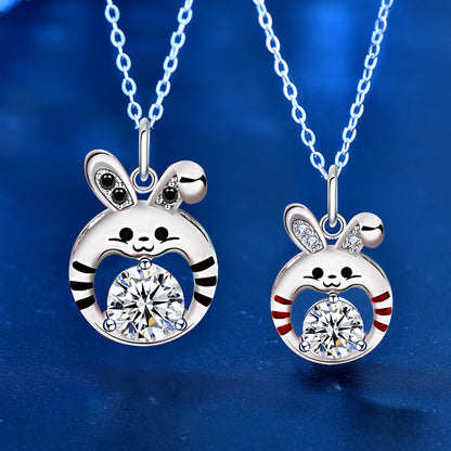 925 Sterling Silver Couple's Rabbit Pendant Necklace Set 1ct & 0.5ct Moissanite Cartoon Animal Jewelry with Cross Chain