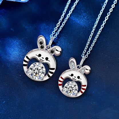 925 Sterling Silver Couple's Rabbit Pendant Necklace Set 1ct & 0.5ct Moissanite Cartoon Animal Jewelry with Cross Chain