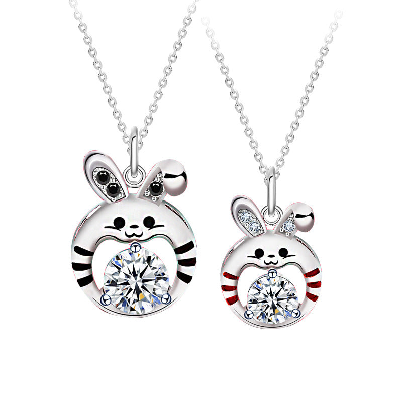 925 Sterling Silver Couple's Rabbit Pendant Necklace Set 1ct & 0.5ct Moissanite Cartoon Animal Jewelry with Cross Chain