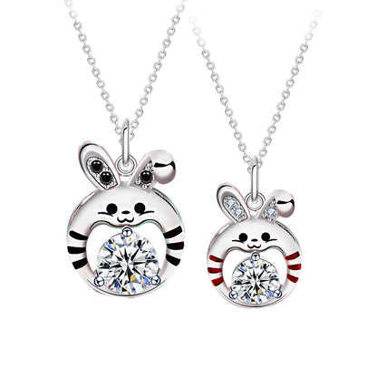 925 Sterling Silver Couple's Rabbit Pendant Necklace Set 1ct & 0.5ct Moissanite Cartoon Animal Jewelry with Cross Chain
