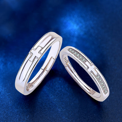 925 Sterling Silver Cross Couple Rings with Zircon - White Gold Plated Minimalist Matching Bands (1.7-2.6g)