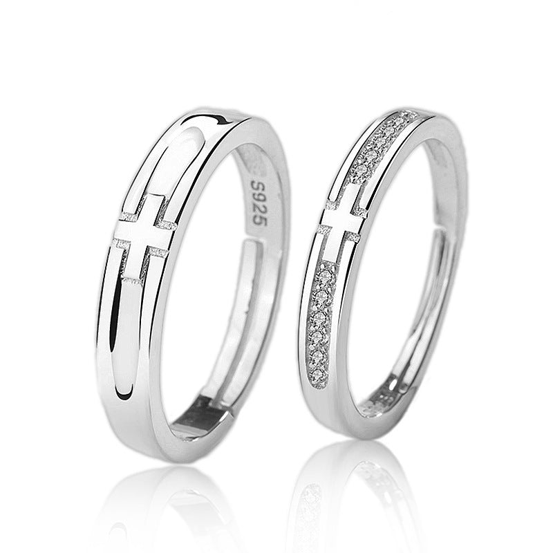 925 Sterling Silver Cross Couple Rings with Zircon - White Gold Plated Minimalist Matching Bands (1.7-2.6g)