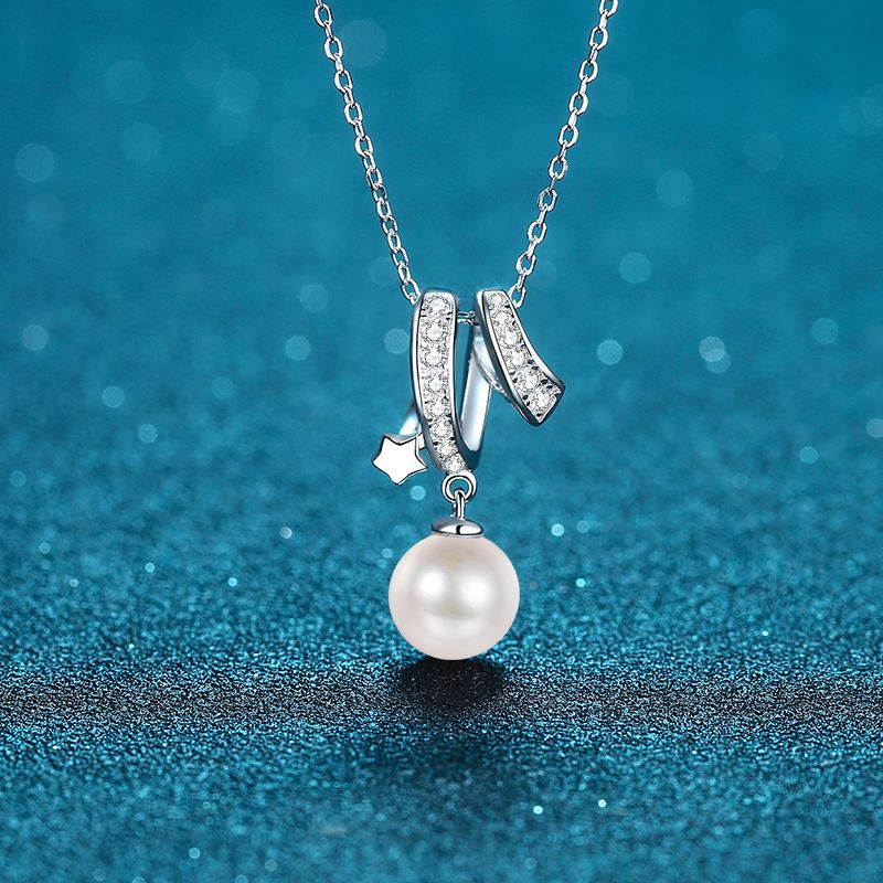 925 Sterling Silver Cross Necklace - 24-Point Moissanite & 8mm Freshwater Pearl with Chinese Inspired Tree & Red Bean Motif