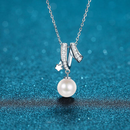 925 Sterling Silver Cross Necklace - 24-Point Moissanite & 8mm Freshwater Pearl with Chinese Inspired Tree & Red Bean Motif