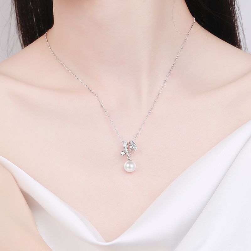 925 Sterling Silver Cross Necklace - 24-Point Moissanite & 8mm Freshwater Pearl with Chinese Inspired Tree & Red Bean Motif