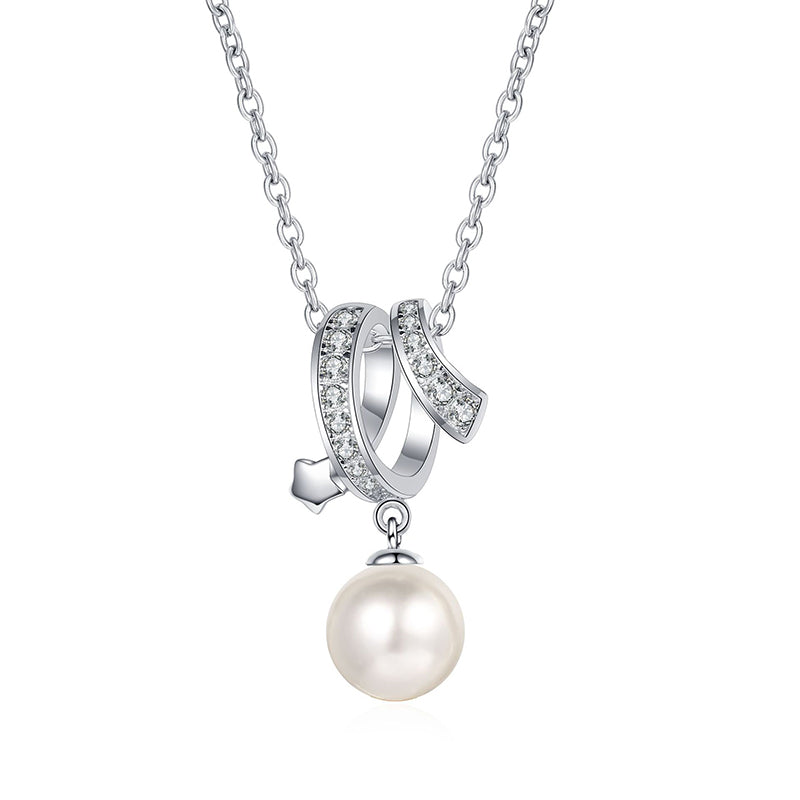 925 Sterling Silver Cross Necklace - 24-Point Moissanite & 8mm Freshwater Pearl with Chinese Inspired Tree & Red Bean Motif