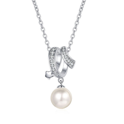 925 Sterling Silver Cross Necklace - 24-Point Moissanite & 8mm Freshwater Pearl with Chinese Inspired Tree & Red Bean Motif