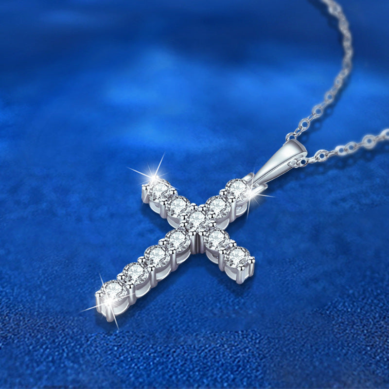 925 Sterling Silver Cross Pendant Necklace with 0.1ct Moissanite Rhodium Plated Minimalist Chain for Women
