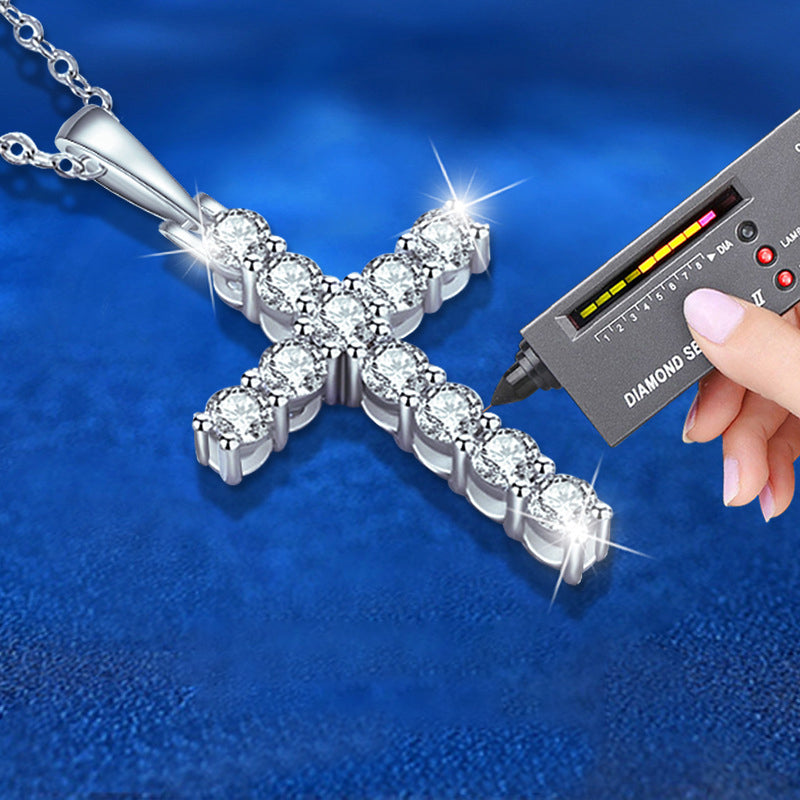 925 Sterling Silver Cross Pendant Necklace with 0.1ct Moissanite Rhodium Plated Minimalist Chain for Women
