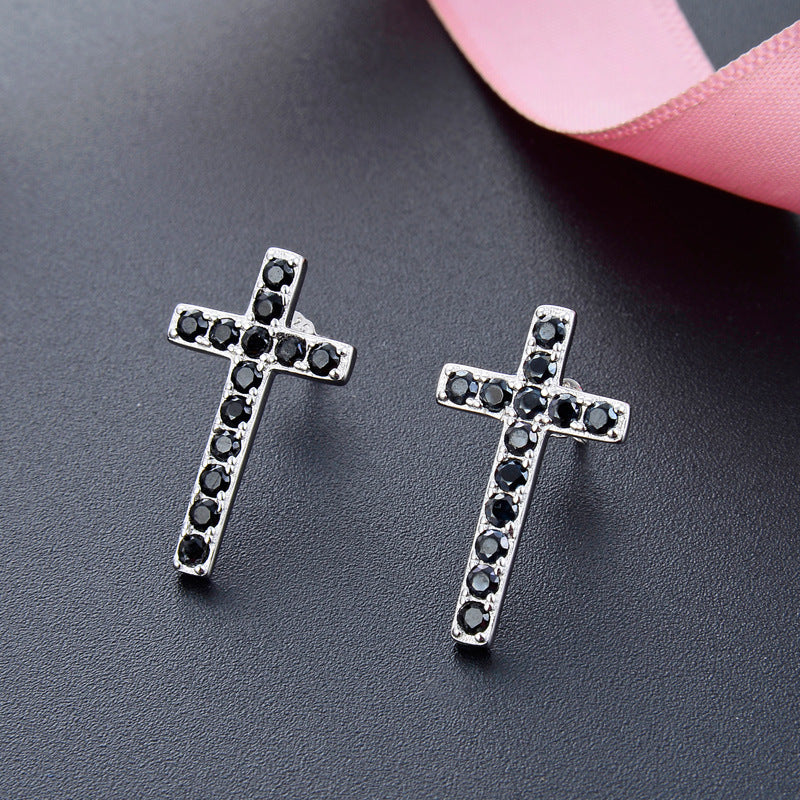 925 Sterling Silver Cross Stud Earrings - White/Blue/Black CZ Diamond Earrings with Plastic Backs for Women