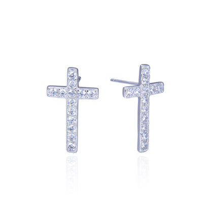 925 Sterling Silver Cross Stud Earrings - White/Blue/Black CZ Diamond Earrings with Plastic Backs for Women