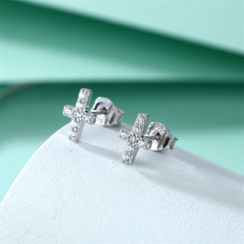 925 Sterling Silver Cross Stud Earrings for Women Minimalist Religious Jewelry White Gold Plated