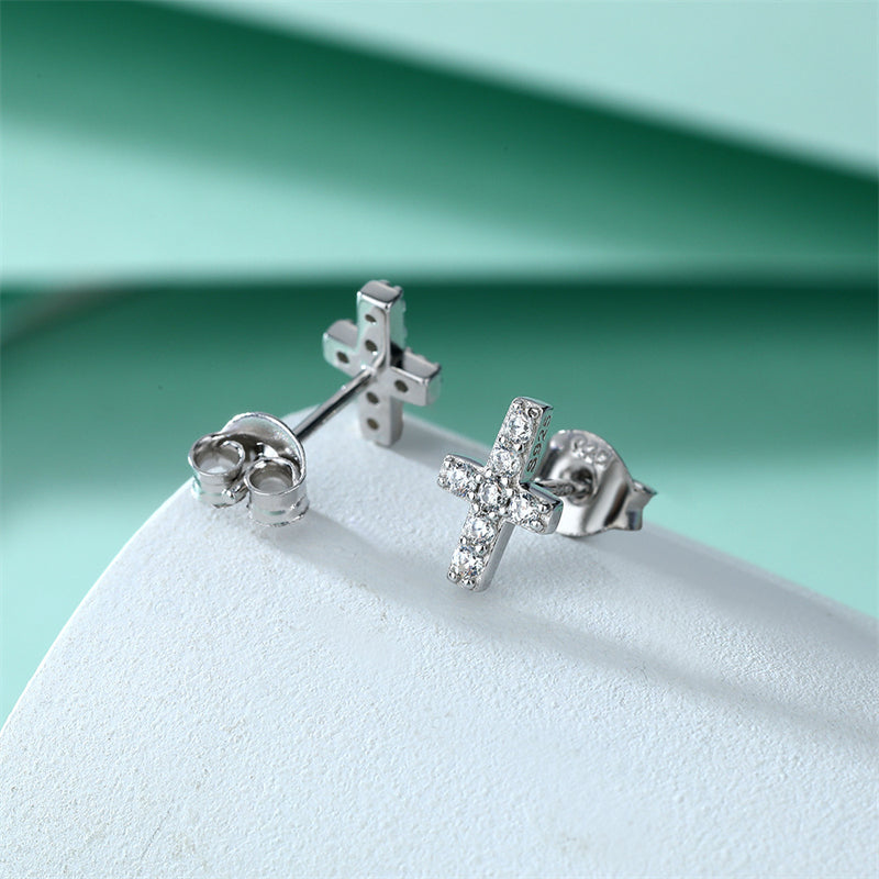925 Sterling Silver Cross Stud Earrings for Women Minimalist Religious Jewelry White Gold Plated