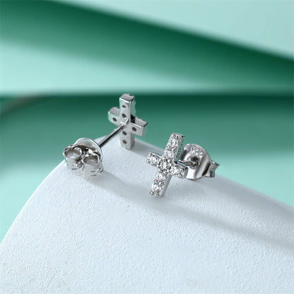 925 Sterling Silver Cross Stud Earrings for Women Minimalist Religious Jewelry White Gold Plated
