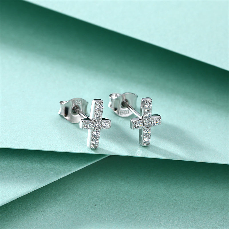 925 Sterling Silver Cross Stud Earrings for Women Minimalist Religious Jewelry White Gold Plated