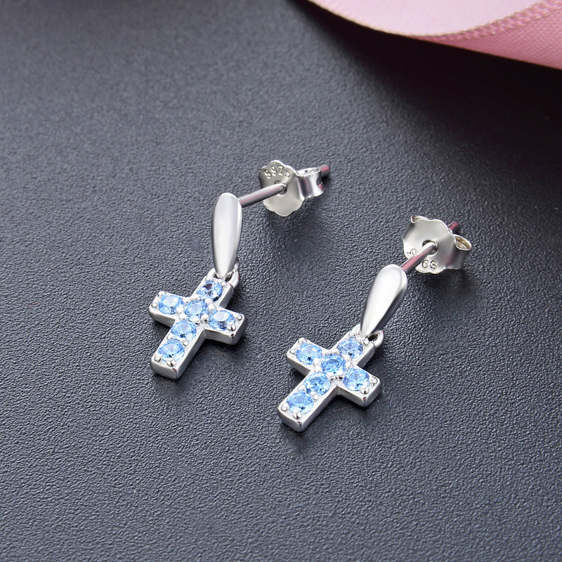 925 Sterling Silver Cross Stud Earrings for Women – White & Blue Diamond with Plastic Ear Backs