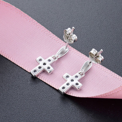 925 Sterling Silver Cross Stud Earrings for Women – White & Blue Diamond with Plastic Ear Backs