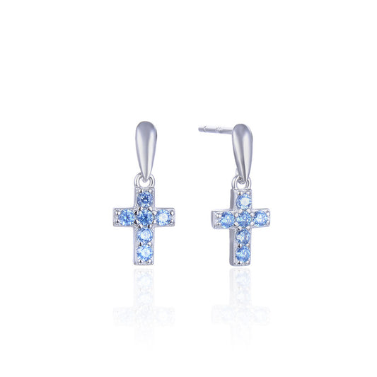 925 Sterling Silver Cross Stud Earrings for Women – White & Blue Diamond with Plastic Ear Backs