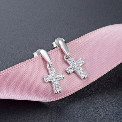 925 Sterling Silver Cross Stud Earrings for Women – White & Blue Diamond with Plastic Ear Backs