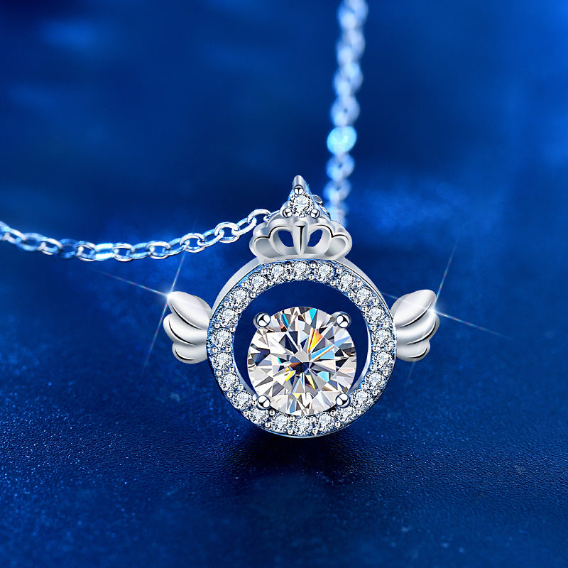925 Sterling Silver Crown Angel Pendant Necklace with 1ct Moissanite Cross Chain Women's Fairy Style Jewelry