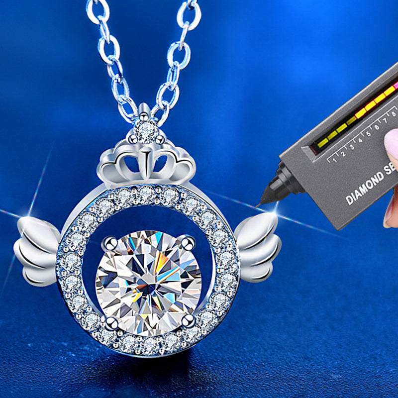 925 Sterling Silver Crown Angel Pendant Necklace with 1ct Moissanite Cross Chain Women's Fairy Style Jewelry