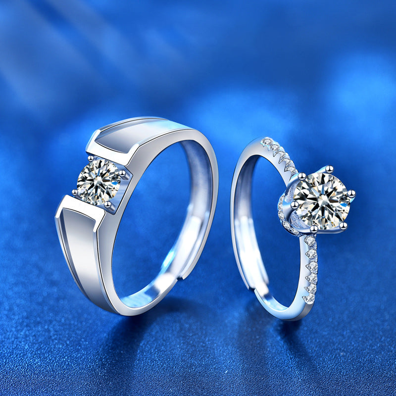 925 Sterling Silver Crown Geometric Couple Rings - His 0.5ct & Her 1ct Moissanite Adjustable Luxury Bands