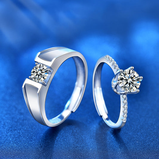 925 Sterling Silver Crown Geometric Couple Rings - His 0.5ct & Her 1ct Moissanite Adjustable Luxury Bands