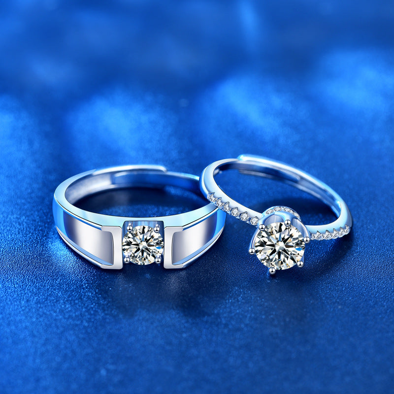 925 Sterling Silver Crown Geometric Couple Rings - His 0.5ct & Her 1ct Moissanite Adjustable Luxury Bands