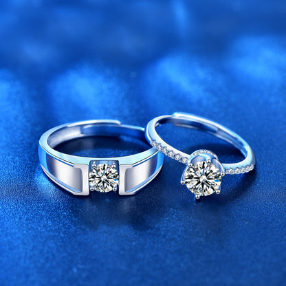925 Sterling Silver Crown Geometric Couple Rings - His 0.5ct & Her 1ct Moissanite Adjustable Luxury Bands