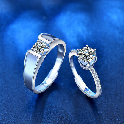 925 Sterling Silver Crown Geometric Couple Rings - His 0.5ct & Her 1ct Moissanite Adjustable Luxury Bands