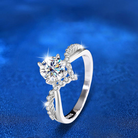 925 Sterling Silver Crown Geometric Ring with 1ct Moissanite Rhodium Plated Minimalist Wedding Band for Women Size 5-9